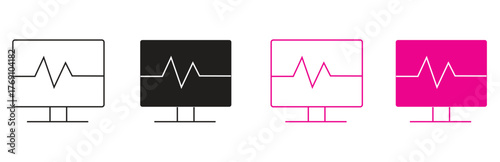 Set of four computer monitors displaying a heart rate line graph in different colors and styles
