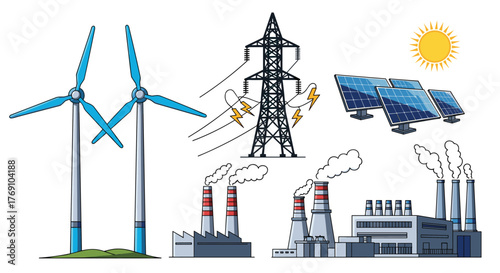 Illustration of different energy sources including wind turbines, solar panels, and power plants.