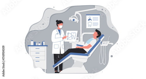 Dentist explains x-ray to patient in modern dental clinic with flat design
