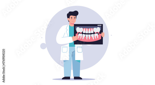 Dentist holding teeth x-ray in modern flat design for dental care concept