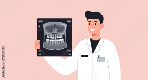 Dentist holding x-ray image in modern flat style on soft pink background