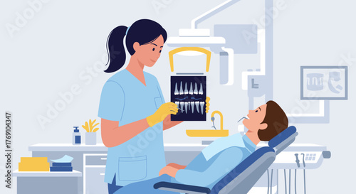Dentist with patient viewing dental x-ray in modern clinic setting