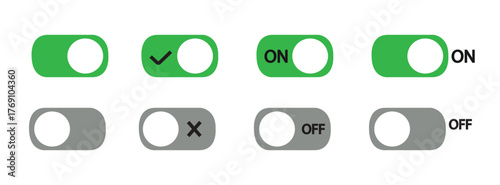Set of eight toggle switch icons in green for on and gray for off states, with checkmark and cross variations