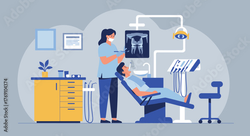 Flat style dental clinic scene with dentist treating a patient in modern office setting