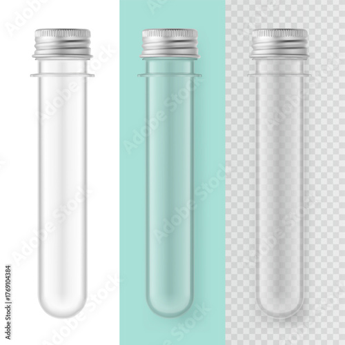 PET clear preform tube with metal screw cap mockups. Vector illustration on colour background. Can be use for template your design, presentation, promo, ad. EPS10.