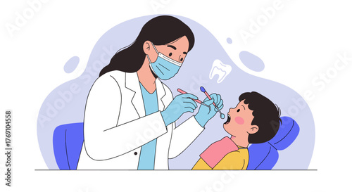 Friendly dentist with child patient - promoting oral health in a modern clinic setting