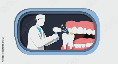Dentist working on tooth in modern 3d cutout style
