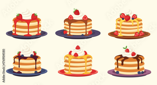 Stack of six delicious cartoon pancakes with whipped cream and berries on plates.