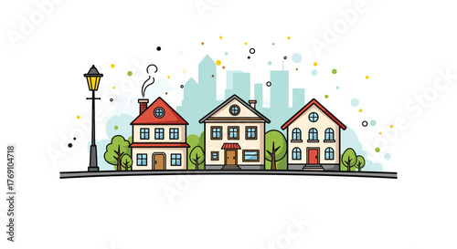 Cartoon illustration of a row of houses with a city skyline in the background and a lamppost on the left.