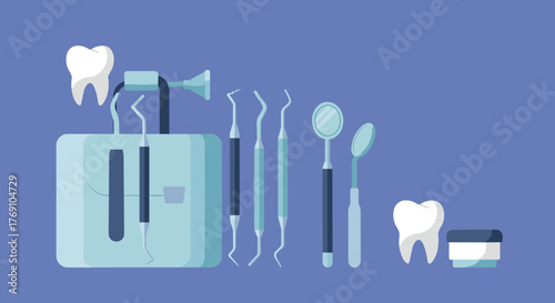 Dental instruments set with tooth icon on blue background