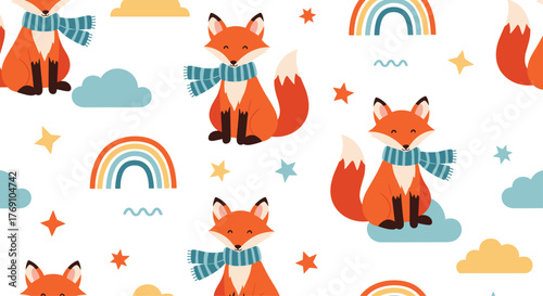 Cute foxes wearing scarves in a whimsical pattern with clouds and rainbows.