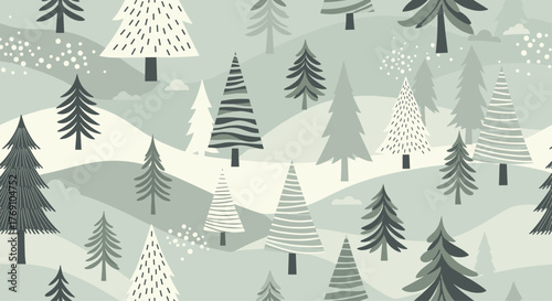 Whimsical holiday forest seamless pattern with trees in pastel colors and playful designs for a festive and cozy atmosphere.