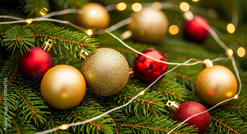 Christmas tree decorated with red and gold ornaments and string lights close up festive holiday scene