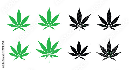 Eight cannabis leaves in green and black are arranged in two rows of four on a white background.