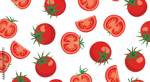 A colorful seamless pattern featuring whole and sliced red tomatoes on a white background.