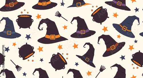 Magical Halloween seamless pattern with cartoon witch hats, bubbling cauldrons, brooms, and scattered stars on a light background.
