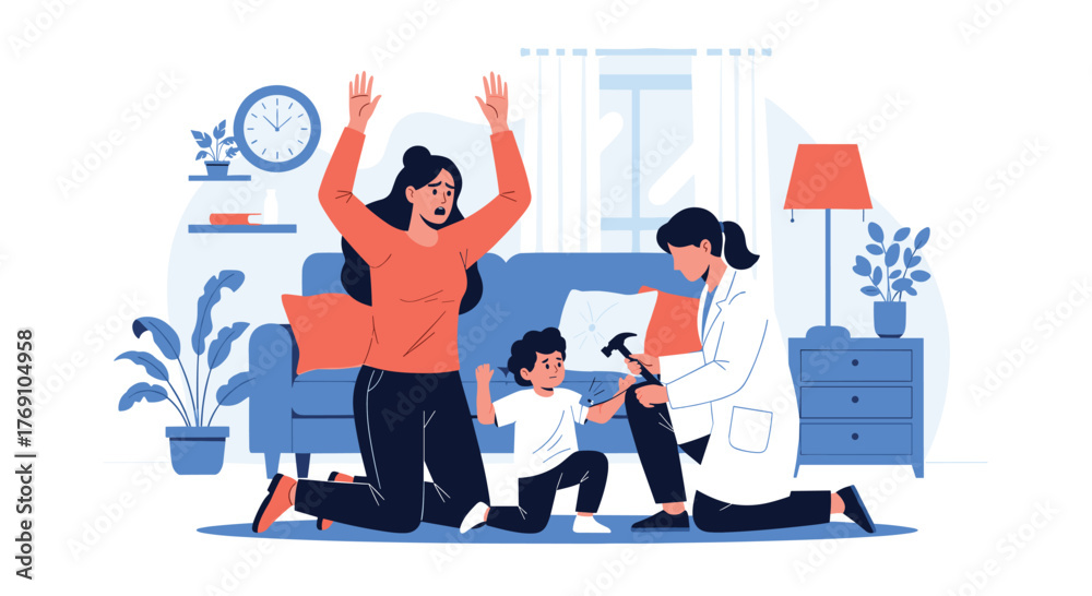 Obraz premium A young child receives medical attention after a home accident, as a concerned mother reacts.