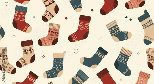 Festive Pattern of Knitted Christmas Socks with Holiday-Themed Designs Scattered on a Creamy Background, Evoking Warmth and Seasonal Cheer.