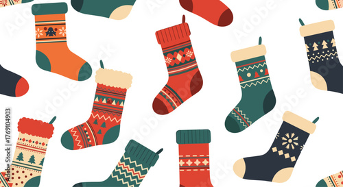 Festive holiday background featuring a seamless pattern of Christmas stockings with intricate patterns, creating a joyful and seasonal aesthetic.