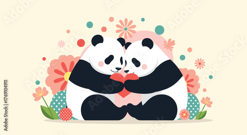 Two adorable panda bears embrace and hold a heart-shaped object, surrounded by colorful flowers and dots, creating a lovely, loving scene.