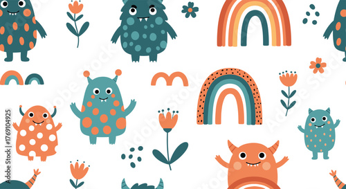 Playful pattern featuring friendly monsters, rainbows, and floral elements on a white background, perfect for children's designs and cheerful illustrations.
