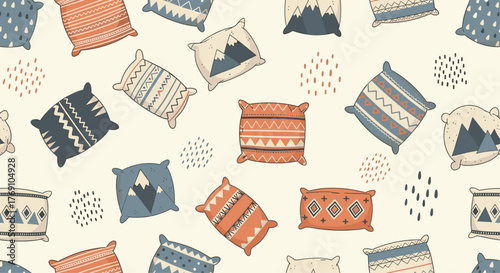 Seamless pattern with hand-drawn decorative pillows featuring bohemian and Scandinavian-inspired geometric designs on a light background.
