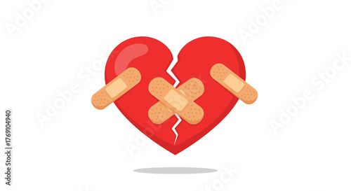Broken red heart with bandages applied to symbolize healing and recovery.