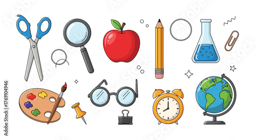 Cartoon illustration featuring various school supplies such as scissors, an apple, a pencil, a globe, and other learning tools.