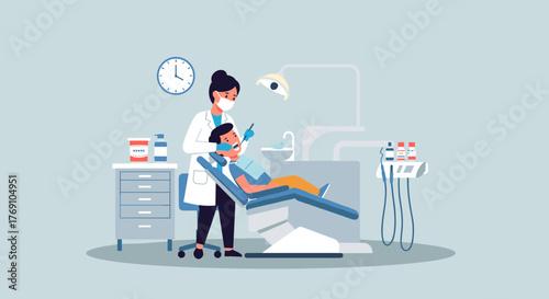 Dental checkup scene with dentist and patient in flat design style
