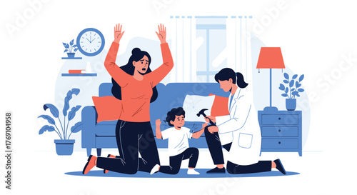 A young child receives medical attention after a home accident, as a concerned mother reacts.