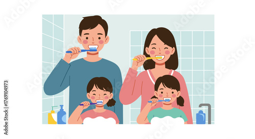 Family brushing teeth together in bathroom