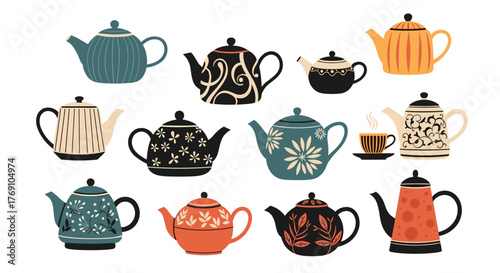 Collection of vintage teapots with various patterns and colors, perfect for kitchen decor and tea enthusiasts.