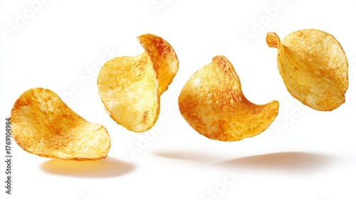 Delicious potato chips levitating in the center of the image with a white background and their shadow underneath, advertising concept, image with copyspace, the typical US potatoes