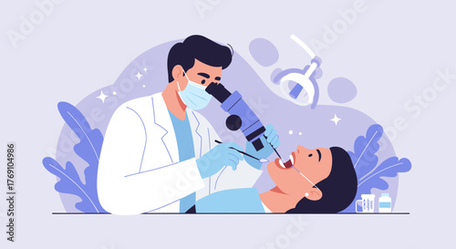 Dentist examines patient with dental equipment in modern clinic setting