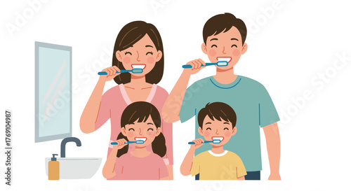 Happy family brushing teeth together in bathroom