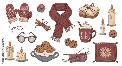 Cozy winter scene illustration: Mittens, scarf, cookies, and candles evoke warmth and comfort.