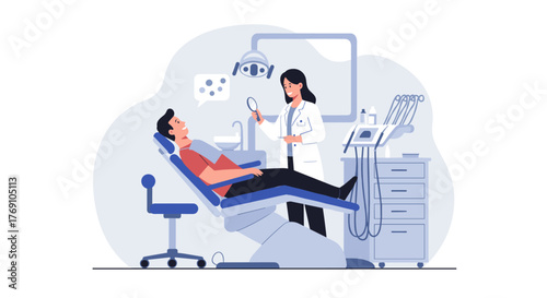 Modern dental clinic scene with dentist and patient in flat design style