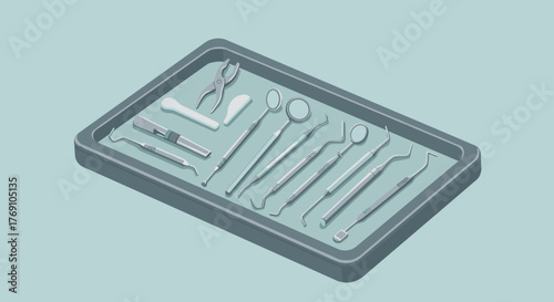 Isometric dental tools on tray for clinic and healthcare settings