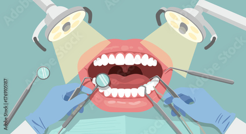 Dental checkup scene with open mouth and dentist tools in clinic