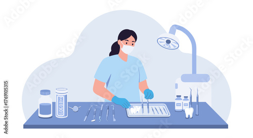 Dentist preparing tools at clinic for dental procedures in a flat style