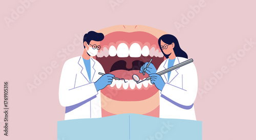 Dental checkup by professionals with oral health focus in flat design