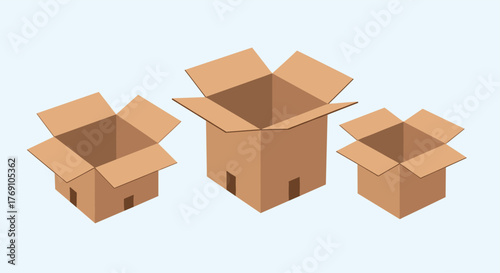 Three open cardboard boxes of different sizes arranged on a light blue background.