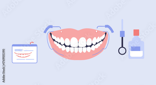 Dental care elements with cartoon tooth brushing tools and smiling mouth in flat style
