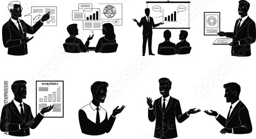 Business people silhouettes, office professionals presenting charts, teamwork collaboration, workplace communication, investor meeting, flat vector