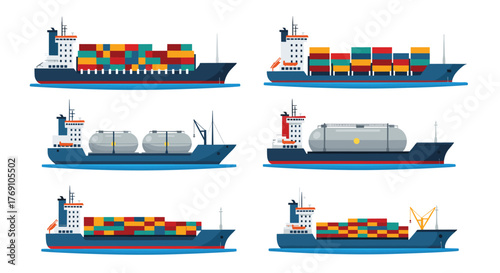 Collection of cartoon cargo ships carrying containers and tankers on the water.