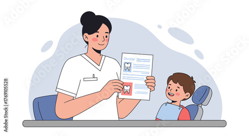 Dentist and child consultation in clinic setting