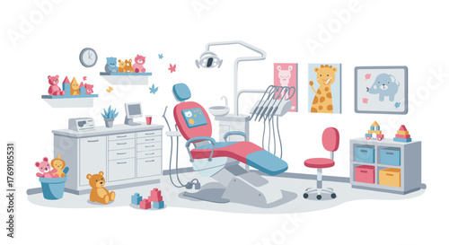 Colorful pediatric dental clinic interior with toys and child-friendly decor