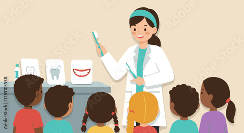 Dentist teaching children's oral health in flat style classroom setting