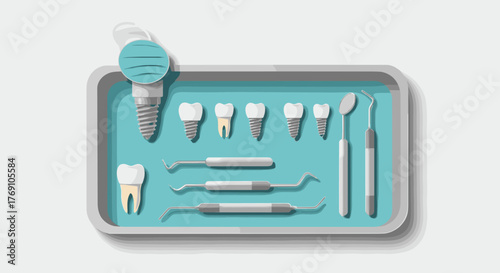 Dental tools and implants on tray with realistic style for dental care concepts