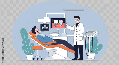 Dentist and patient in modern clinic with dental equipment